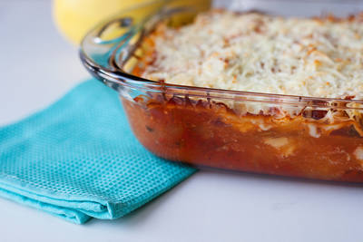 Baked dish in a glass 9x13 casserole pan