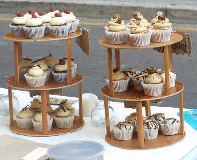 Cupcakes stacked on a tiered serving stand